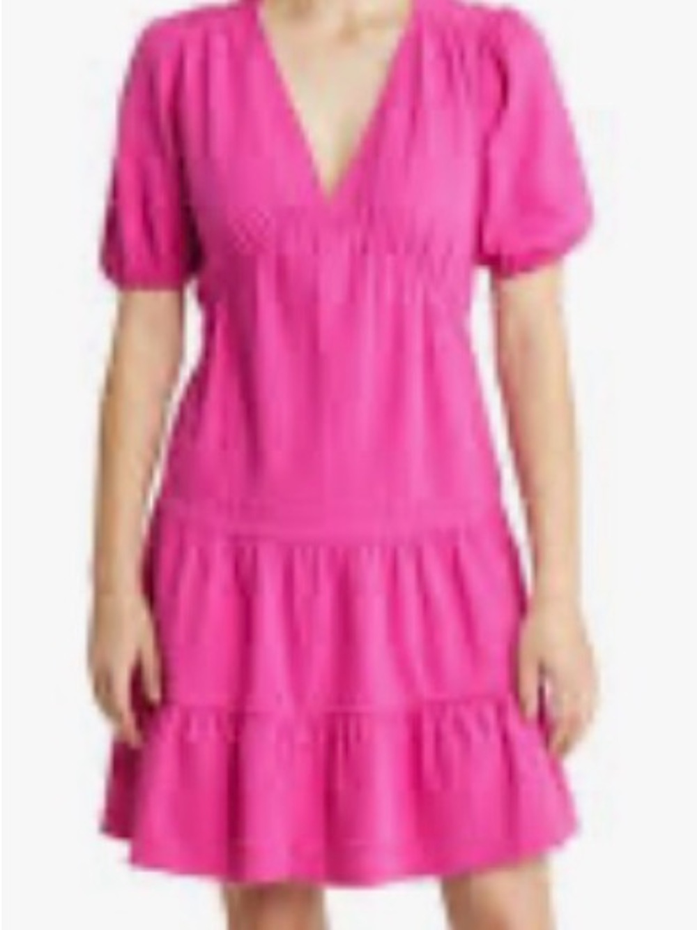 Boden Hot Pink Tiered Seersucker Puffed  Sleeve Midi Dress size 10 R